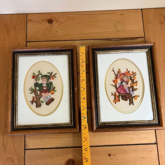 Hummel Children Petit Point Completed Vintage Boy & Girl Framed Hand Embroidery - Picture 7 of 8
